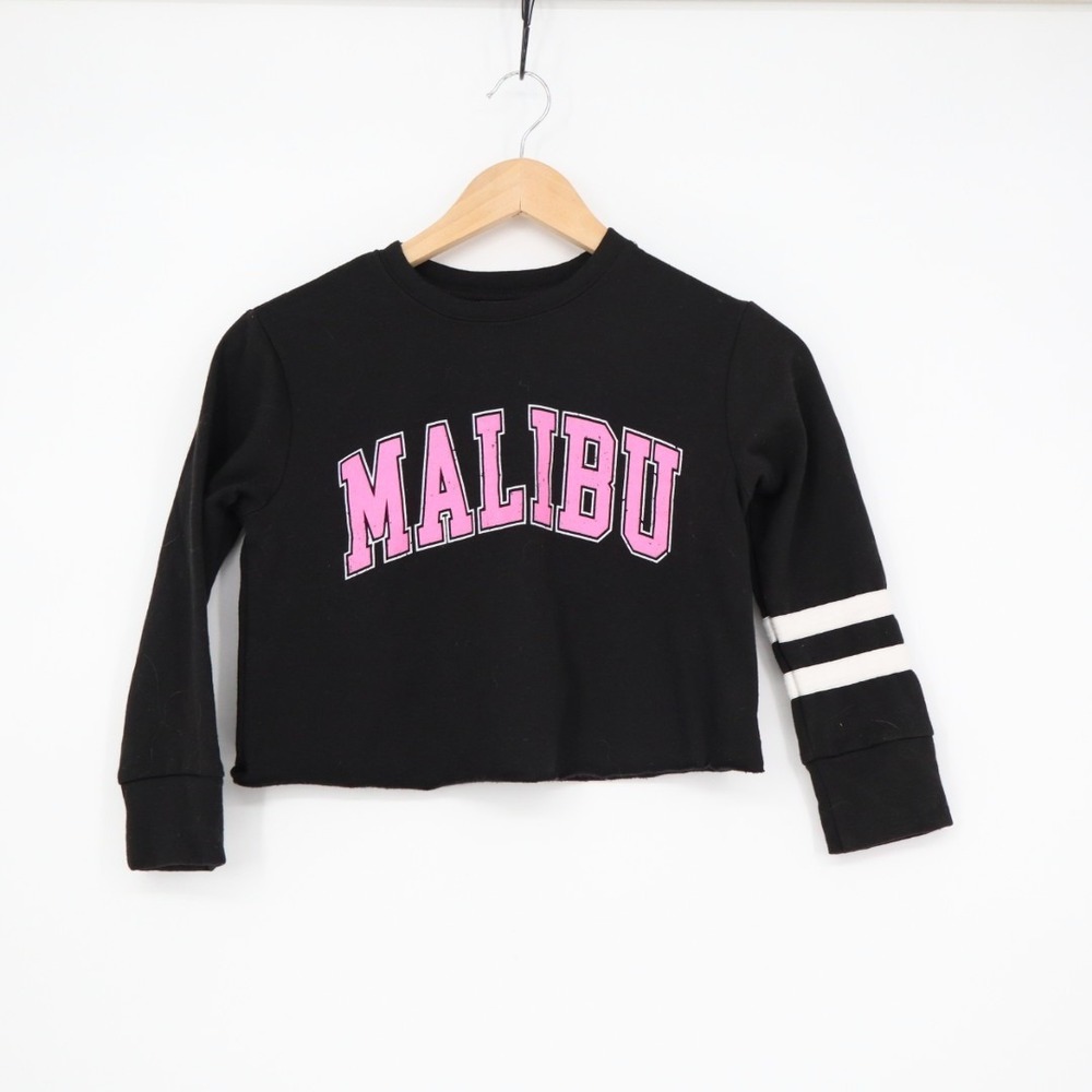 Pixielane Malibu Cropped Sweatshirt Girls 5 Black Spellout Graphic Print Stretch